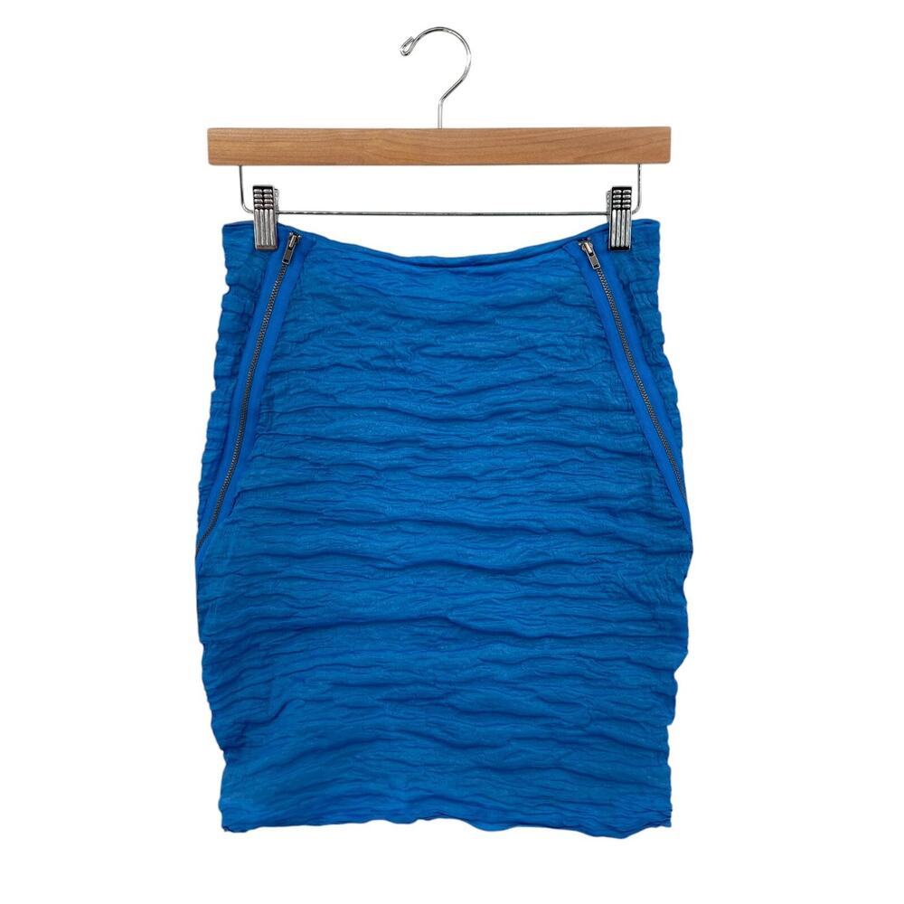 Yigal Azrouel Mini Pencil Skirt Size 4 Womens Blue Crinkle Lined Two Zip Front